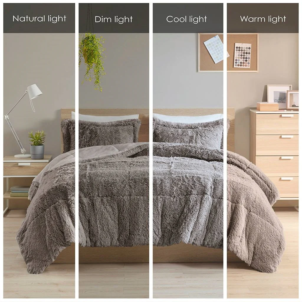 King/CAL King Grey Soft Sherpa Faux Fur 3-Piece Comforter Set with Pillow Shams - Image 5
