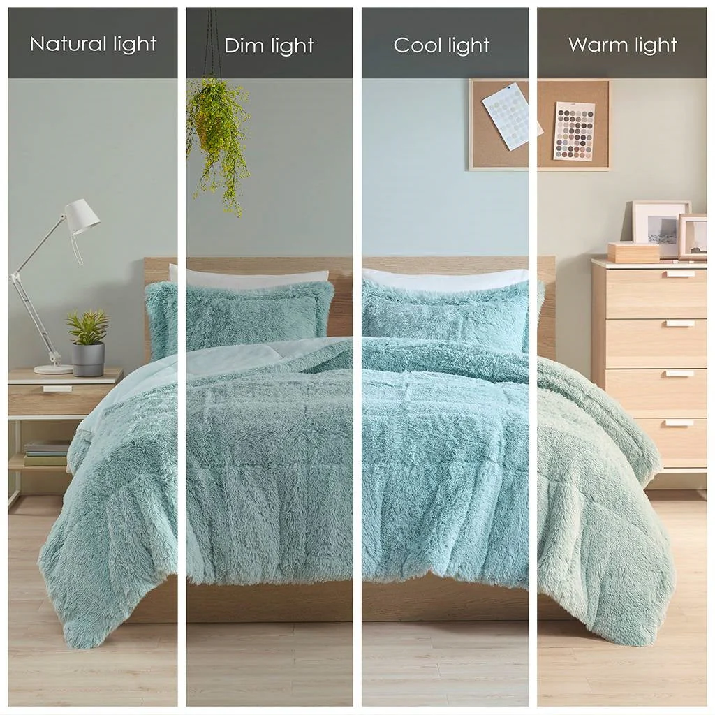 King/CAL King Soft Sherpa Faux Fur 3-Piece Comforter Set in Light Teal Blue - Image 5