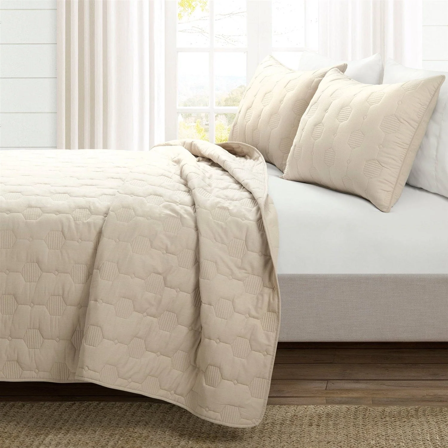 King/California King size Lightweight Beige Textured Cotton 3 Piece Quilt Set - Image 2
