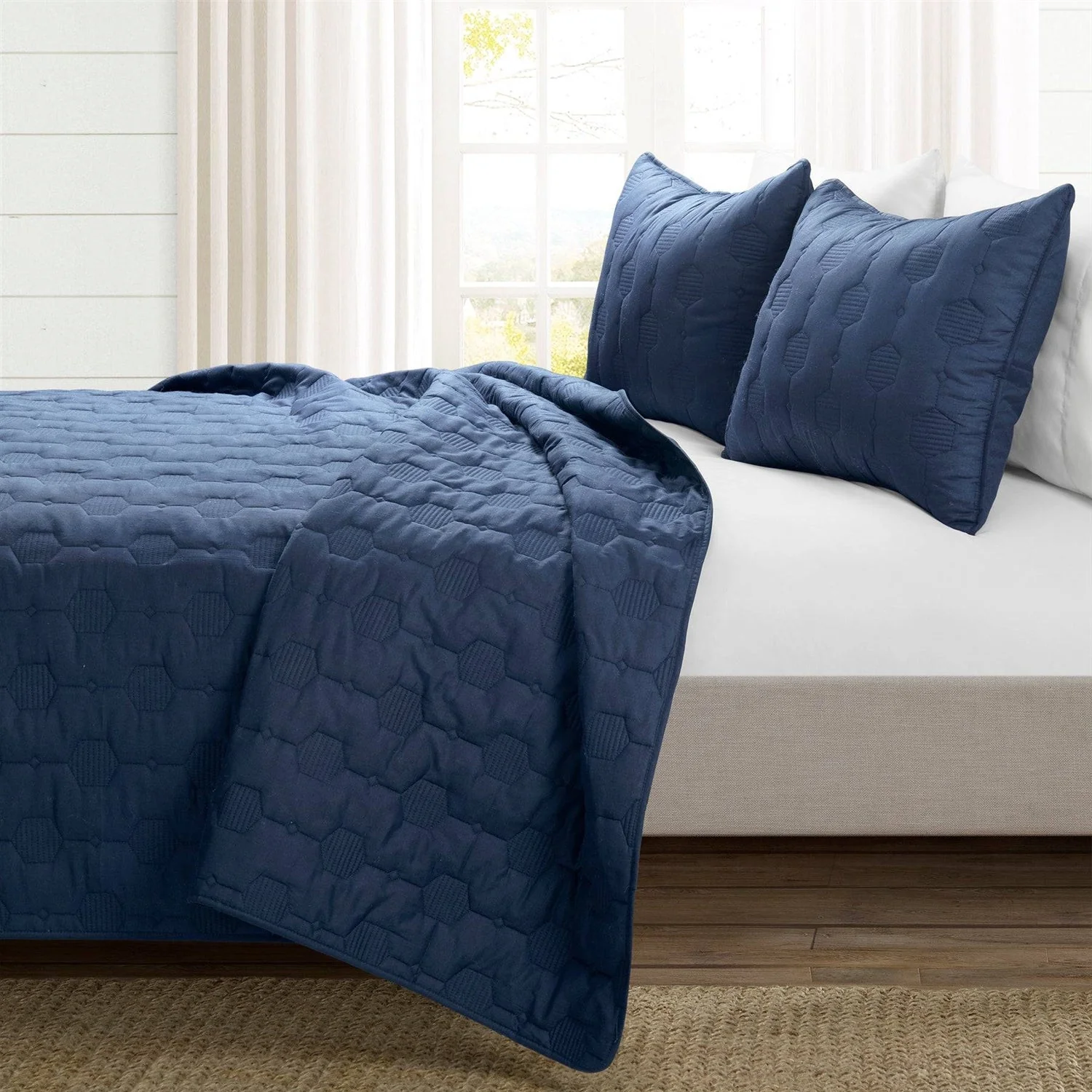 King/California King size Lightweight Blue Textured Cotton 3 Piece Quilt Set - Image 2
