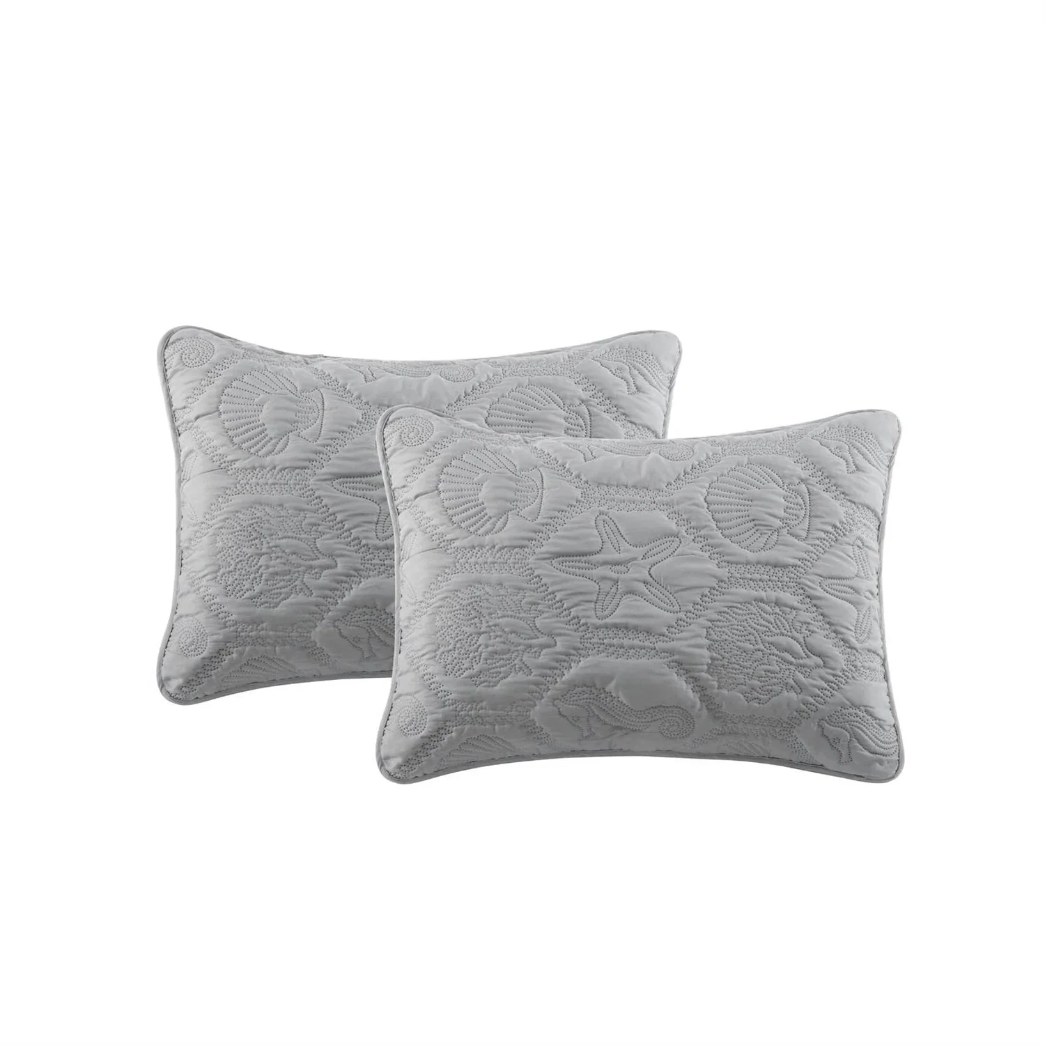 King Coastal Beach Embossed Starfish Seashell Seahorse Grey 3-Piece Quilt Set - Image 4