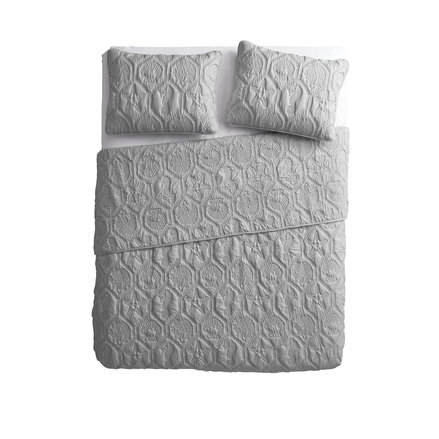 King Coastal Beach Embossed Starfish Seashell Seahorse Grey 3-Piece Quilt Set - Image 5