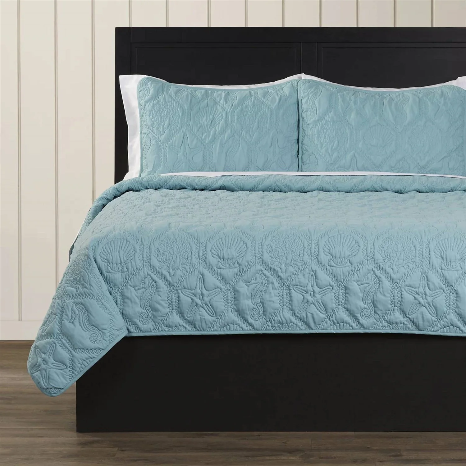 King Coastal Beach Starfish Seashell Seahorse Aqua Blue Teal 3-Piece Quilt Set - Image 2