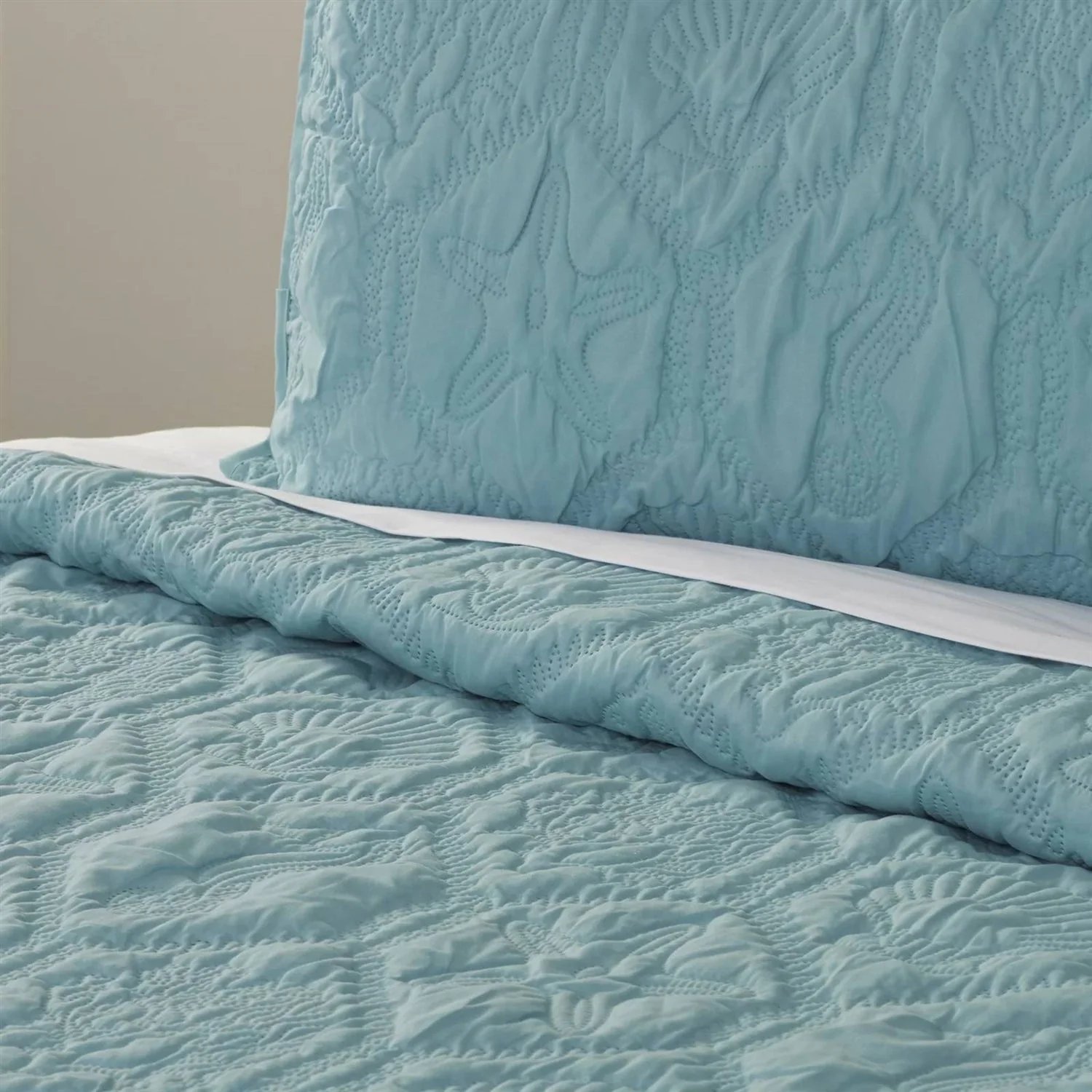King Coastal Beach Starfish Seashell Seahorse Aqua Blue Teal 3-Piece Quilt Set - Image 3