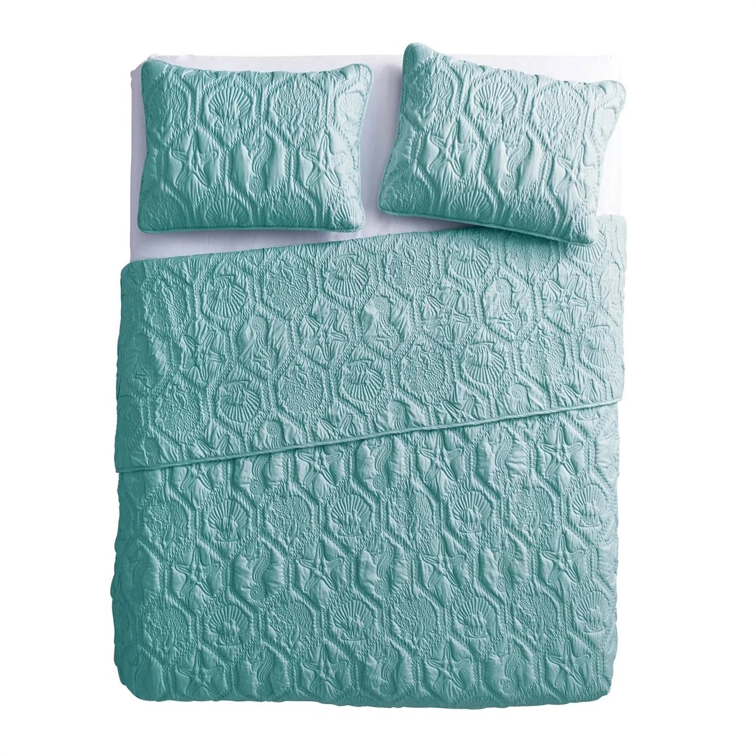 King Coastal Beach Starfish Seashell Seahorse Aqua Blue Teal 3-Piece Quilt Set - Image 4