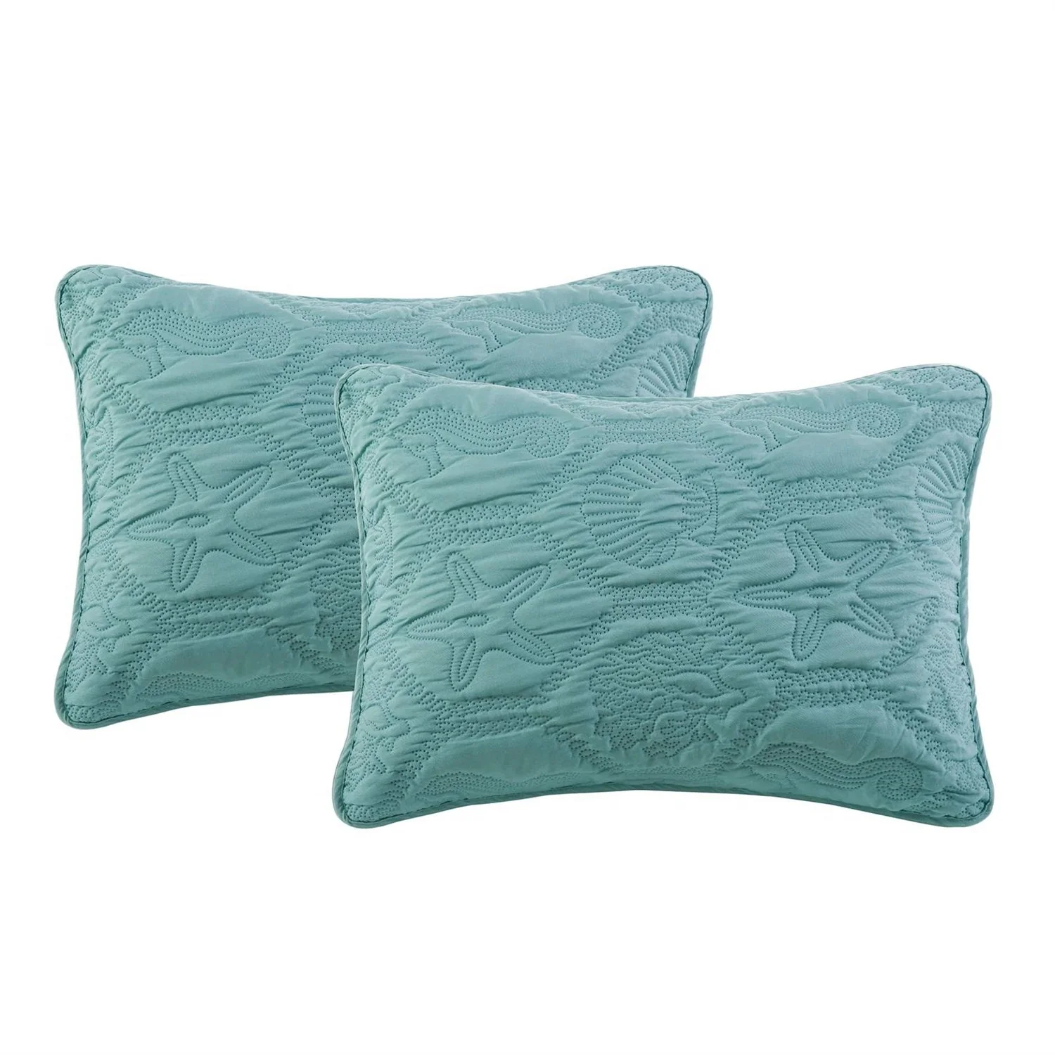 King Coastal Beach Starfish Seashell Seahorse Aqua Blue Teal 3-Piece Quilt Set - Image 5