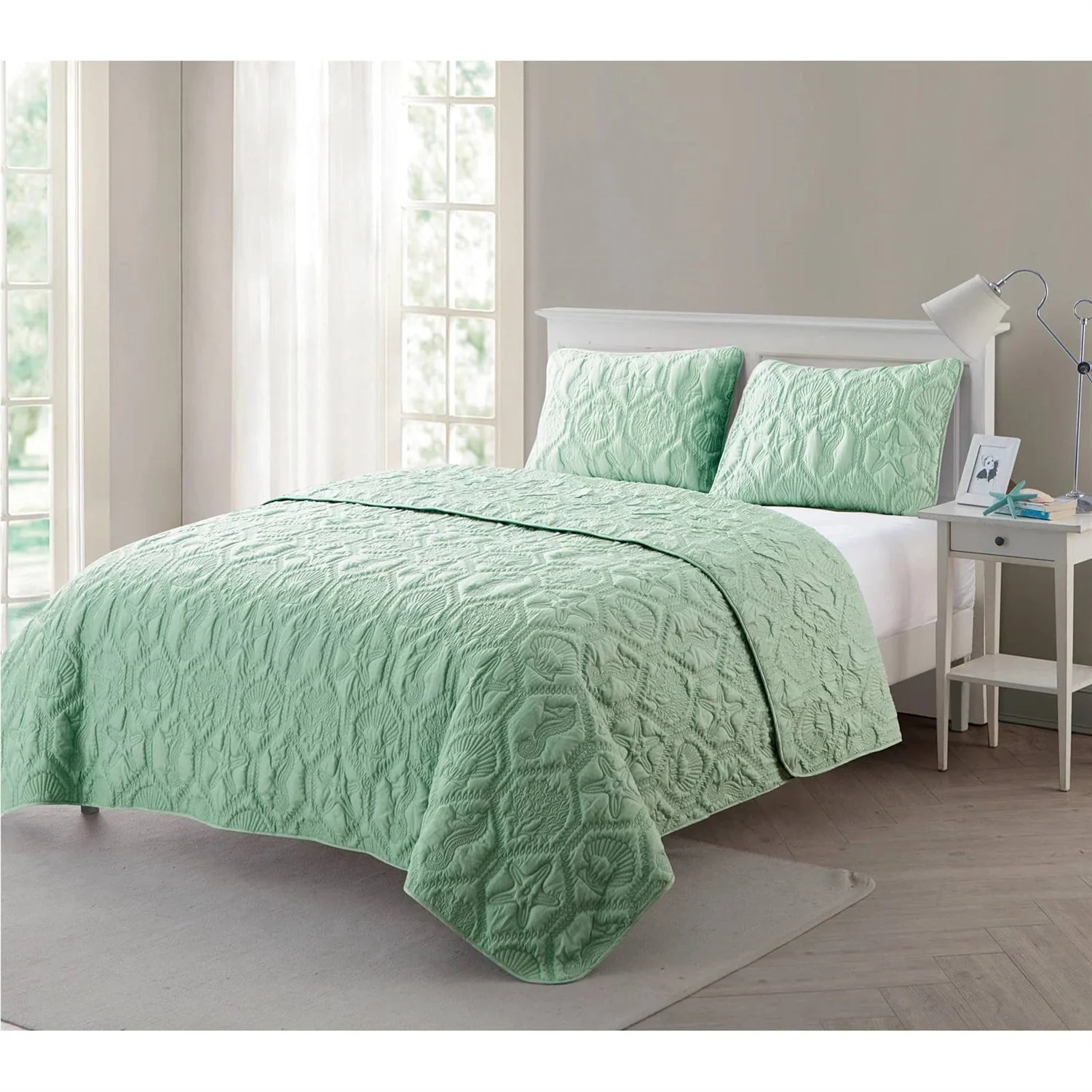 King Coastal Beach Starfish Seashell Seahorse Light Green Teal Quilt Set - Image 2