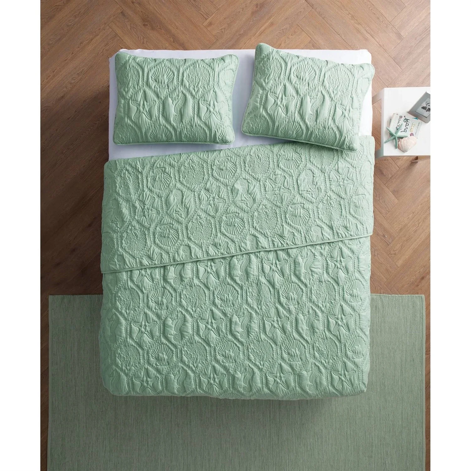 King Coastal Beach Starfish Seashell Seahorse Light Green Teal Quilt Set - Image 3