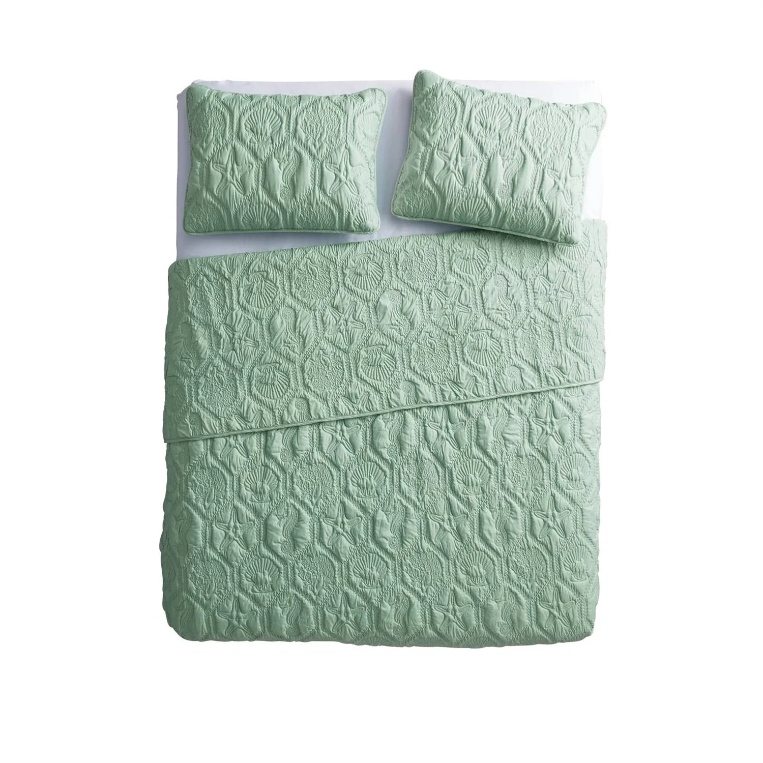 King Coastal Beach Starfish Seashell Seahorse Light Green Teal Quilt Set - Image 4