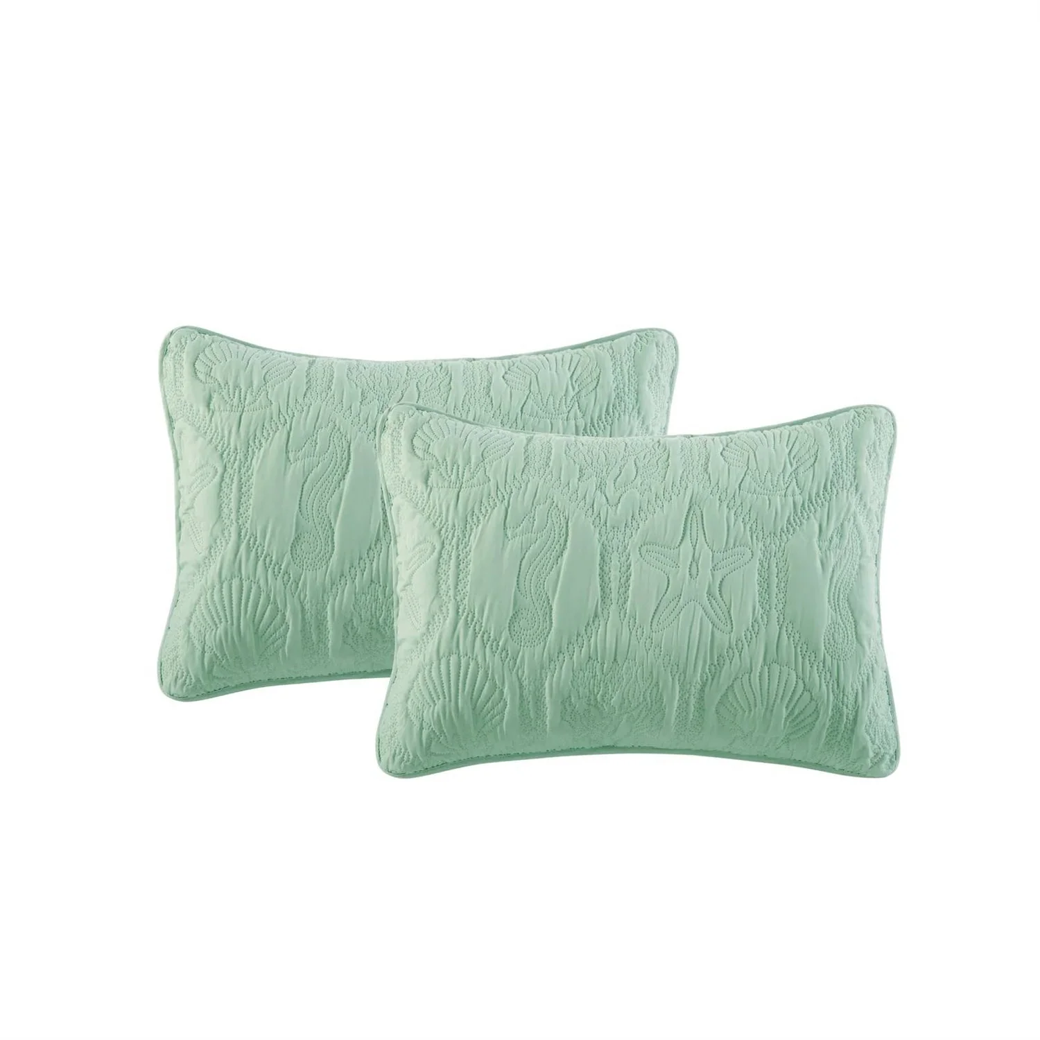 King Coastal Beach Starfish Seashell Seahorse Light Green Teal Quilt Set - Image 5
