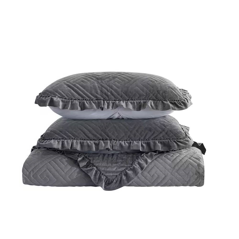 King Gray Charcoal Velvet Microfiber Polyester Reversible 3-Piece Quilt Set - Image 2