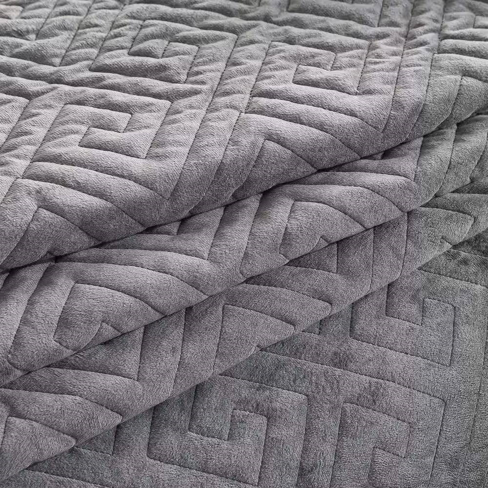 King Gray Charcoal Velvet Microfiber Polyester Reversible 3-Piece Quilt Set - Image 3