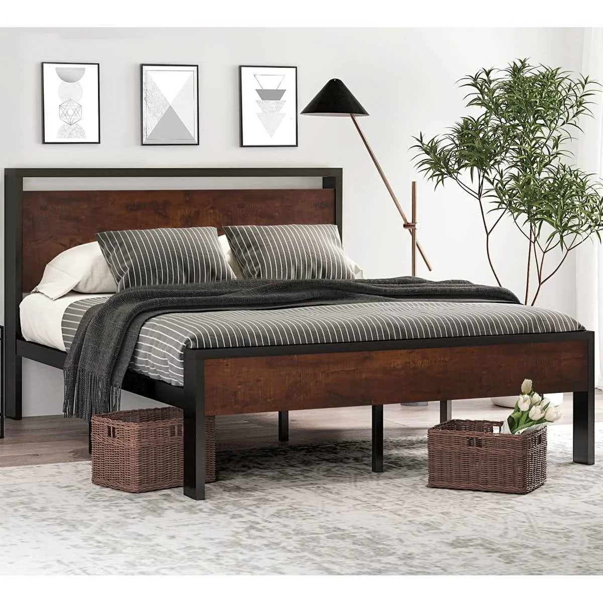 King Metal Platform Bed Frame with Mahogany Wood Panel Headboard Footboard - Image 2