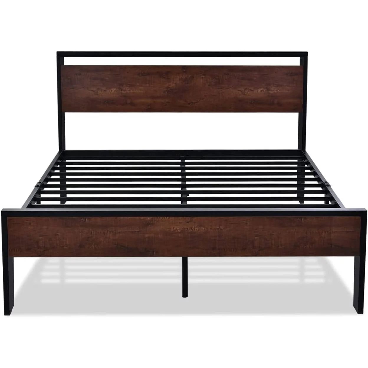King Metal Platform Bed Frame with Mahogany Wood Panel Headboard Footboard - Image 3