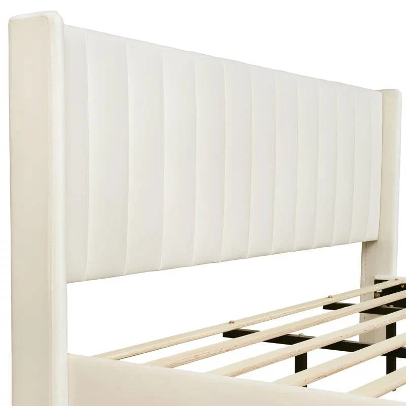 King Mid-Century Platform Bed Frame with Cream Velvet Upholstered Headboard - Image 2