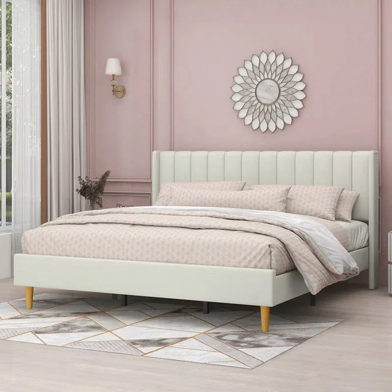 King Mid-Century Platform Bed Frame with Cream Velvet Upholstered Headboard - Image 3