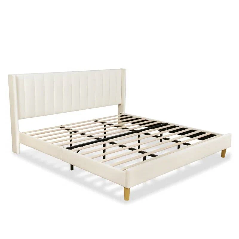 King Mid-Century Platform Bed Frame with Cream Velvet Upholstered Headboard - Image 4