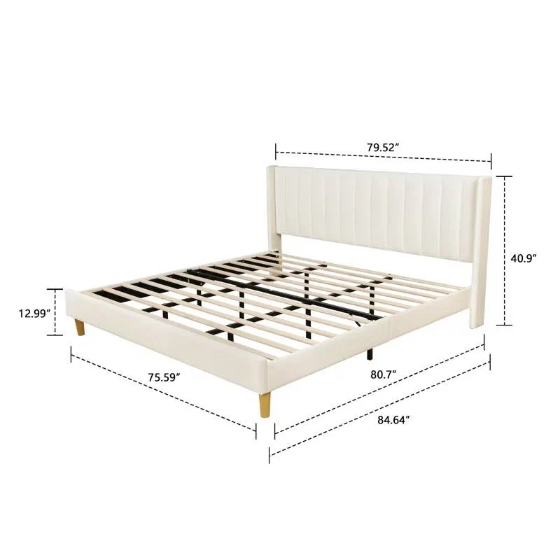 King Mid-Century Platform Bed Frame with Cream Velvet Upholstered Headboard - Image 5