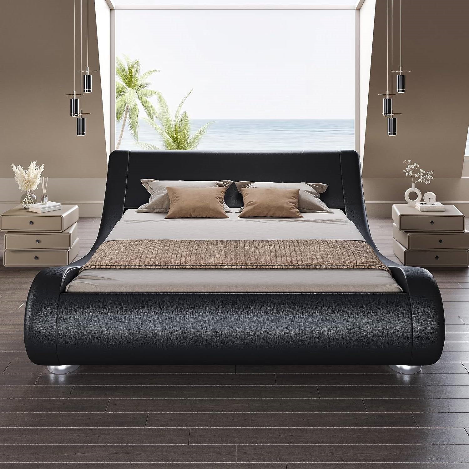 King Modern Black Upholstered Platform Bed Frame with Sleigh Curved Headboard - Image 2