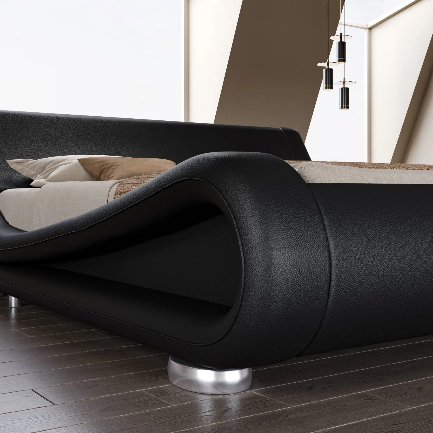 King Modern Black Upholstered Platform Bed Frame with Sleigh Curved Headboard - Image 3