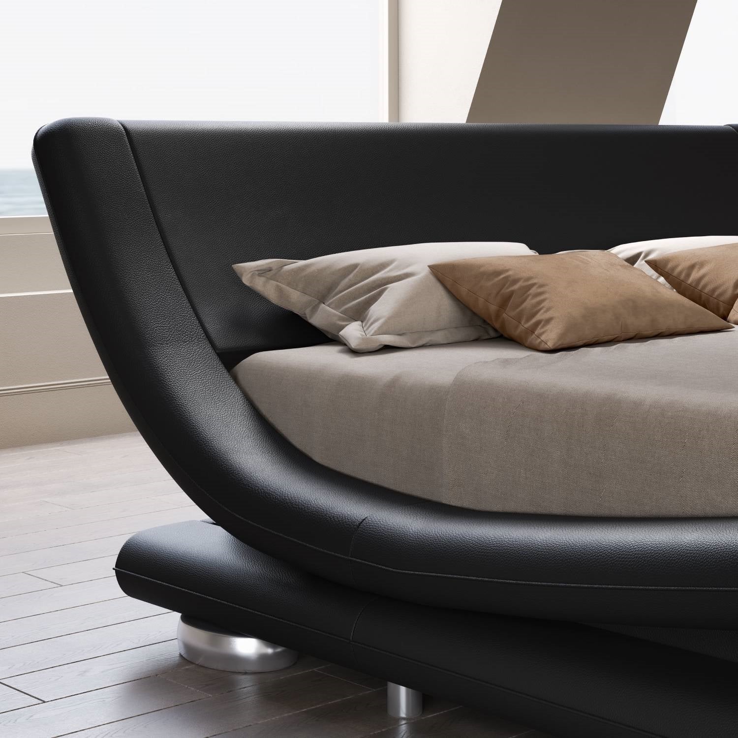 King Modern Black Upholstered Platform Bed Frame with Sleigh Curved Headboard - Image 4