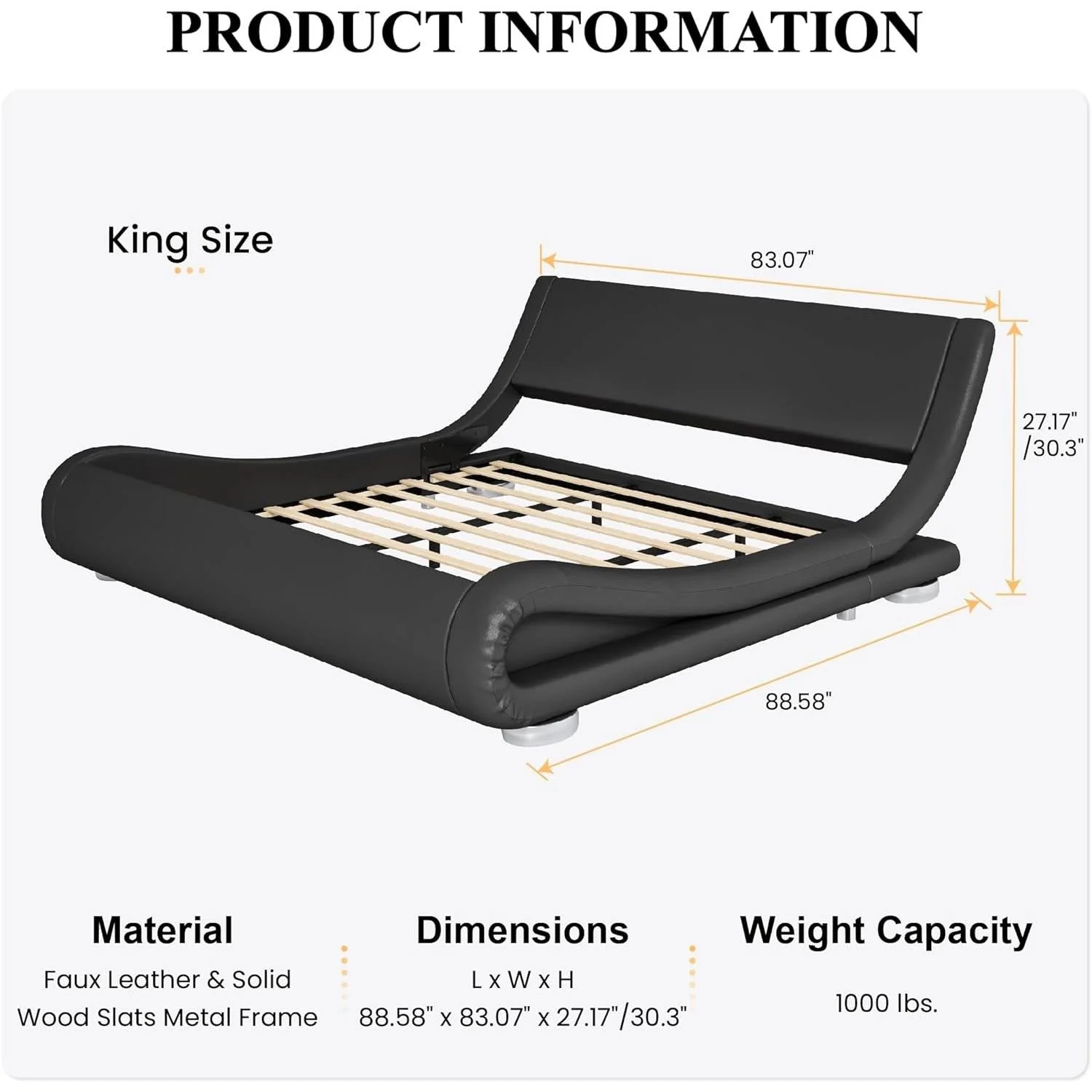 King Modern Black Upholstered Platform Bed Frame with Sleigh Curved Headboard - Image 5