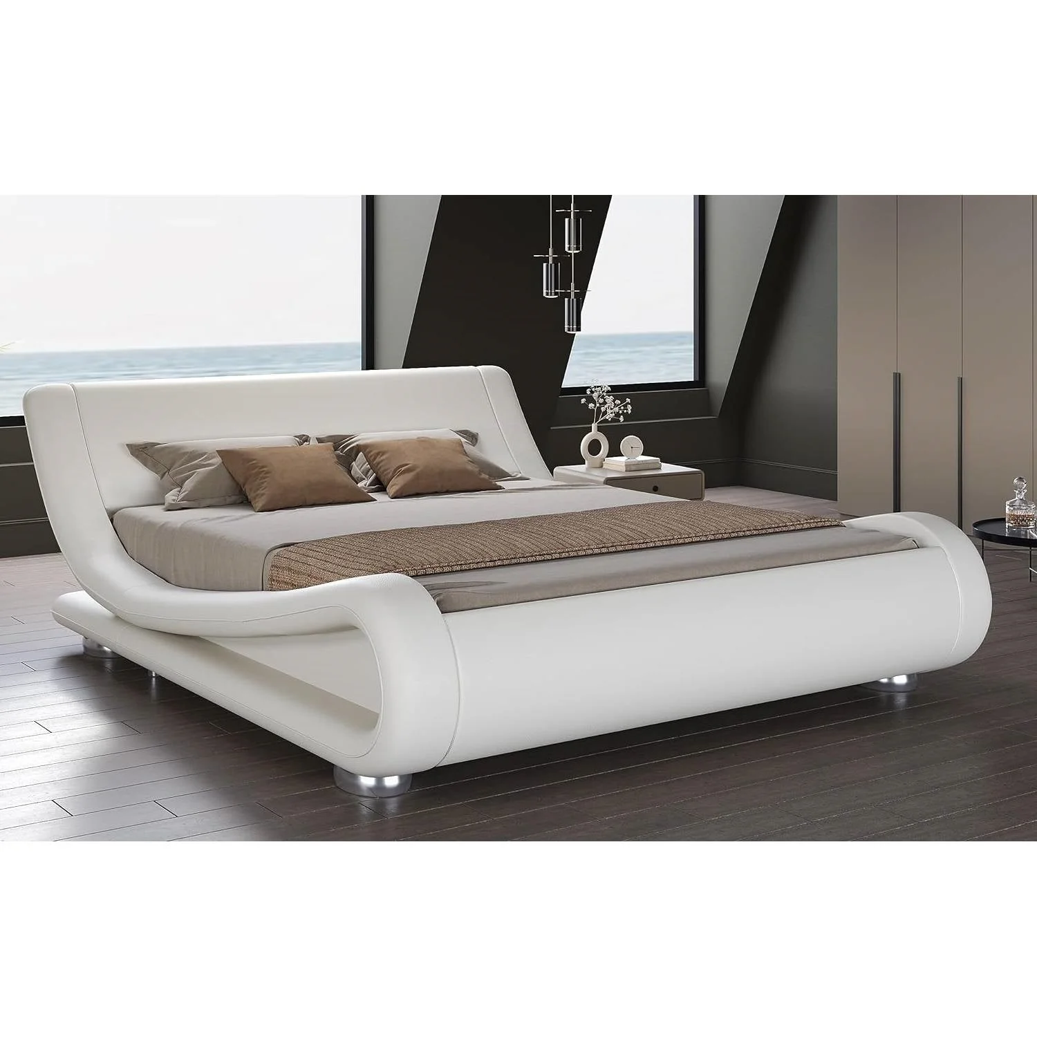 King Modern White Upholstered Platform Bed Frame with Sleigh Curved Headboard - Image 2