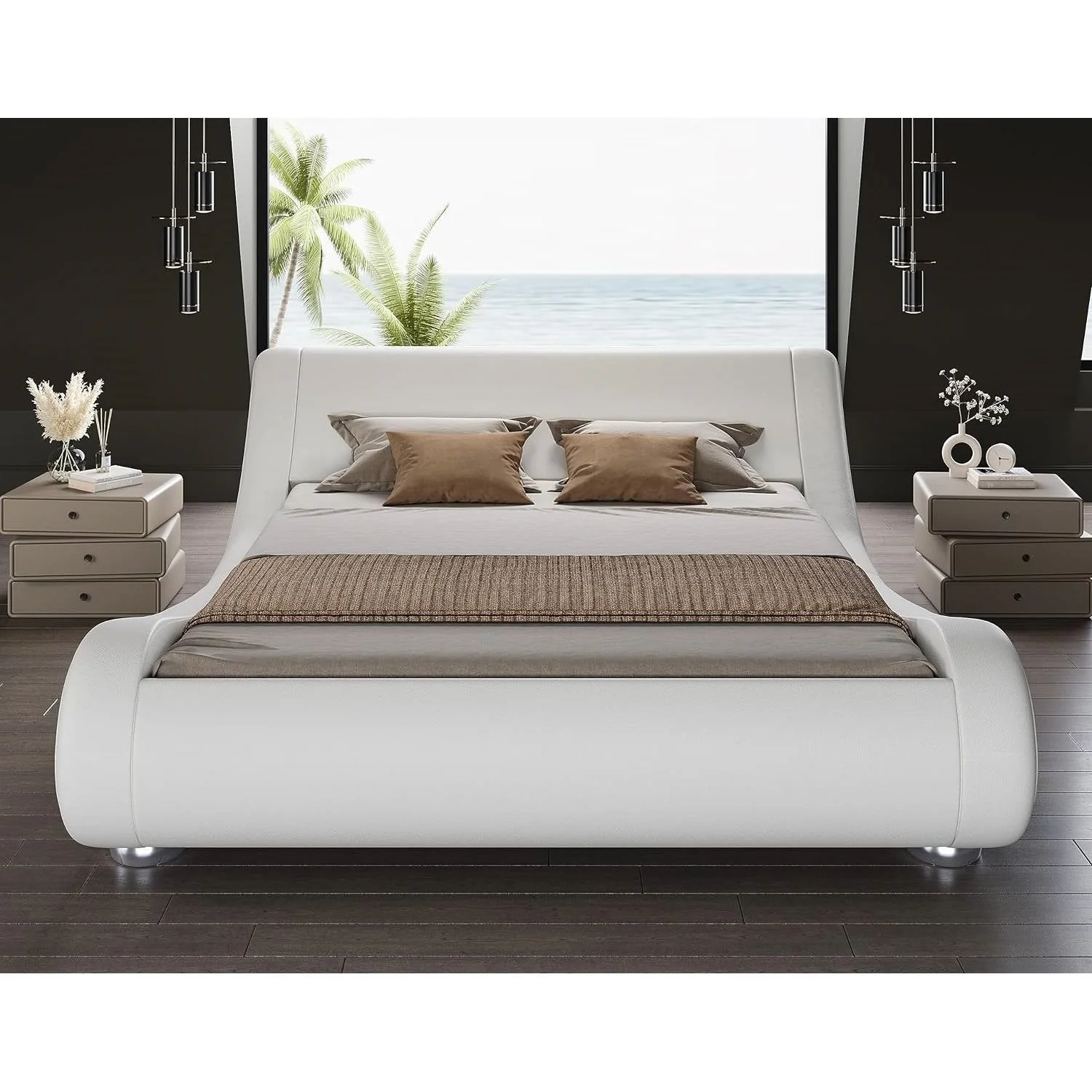 King Modern White Upholstered Platform Bed Frame with Sleigh Curved Headboard - Image 3