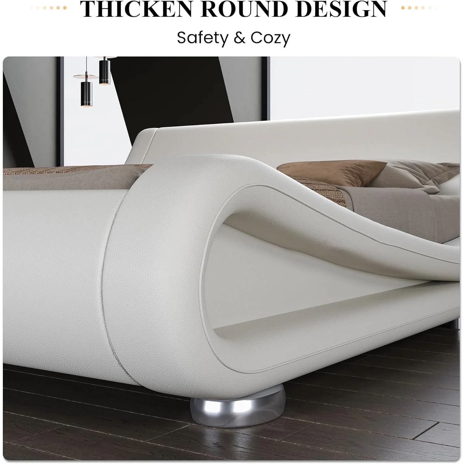 King Modern White Upholstered Platform Bed Frame with Sleigh Curved Headboard - Image 4