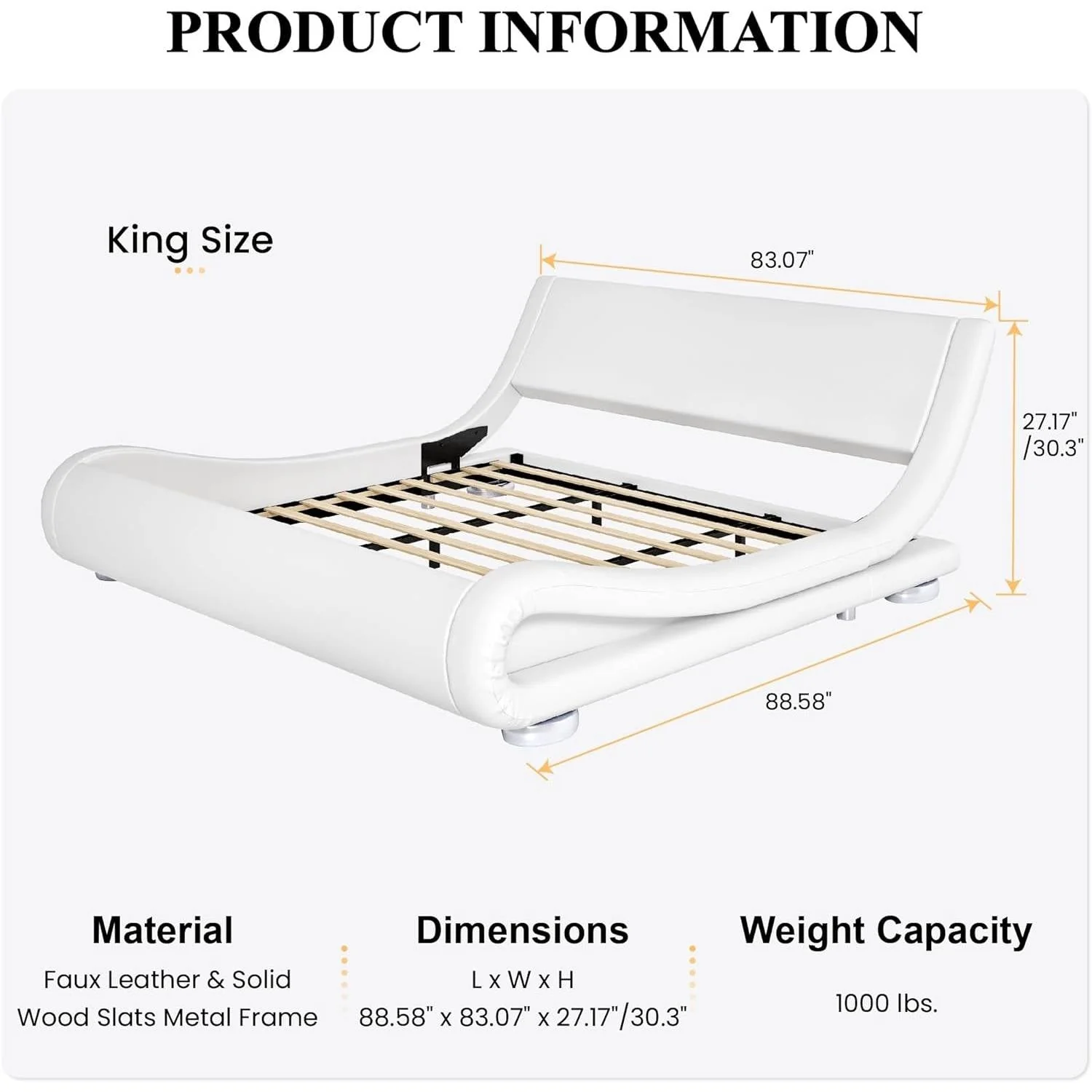 King Modern White Upholstered Platform Bed Frame with Sleigh Curved Headboard - Image 5