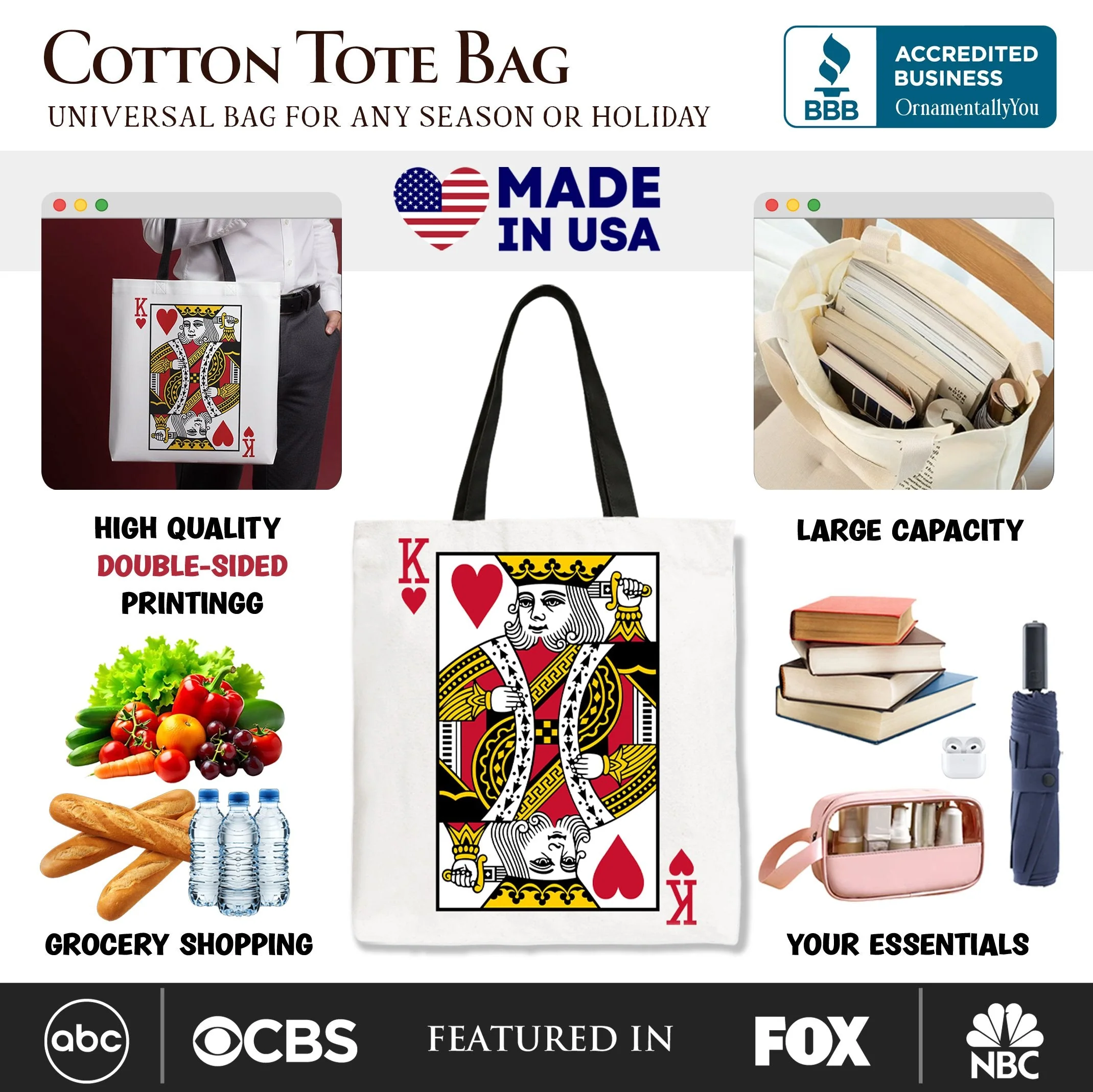 King of Hearts Card Canvas Tote Bag, Classic Retro Love Valentine Gift Bag - Image 2