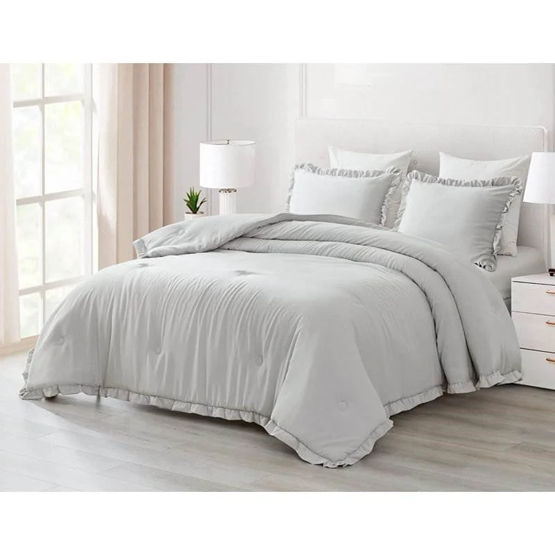King Oversized Grey Ruffled Edge Microfiber Comforter Set - Image 3
