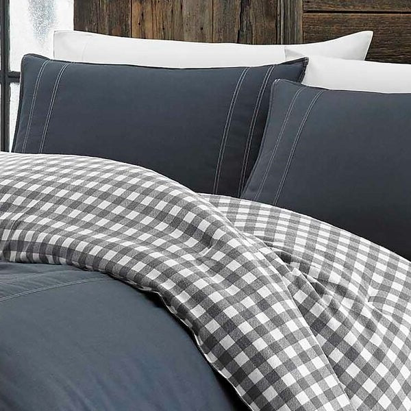 King size 100% Cotton Reverse Plaid Gray/White Comforter Set - Image 2