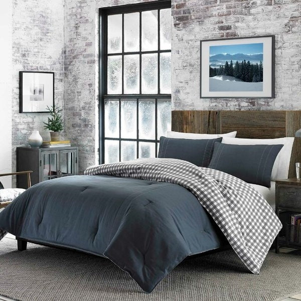 King size 100% Cotton Reverse Plaid Gray/White Comforter Set - Image 4