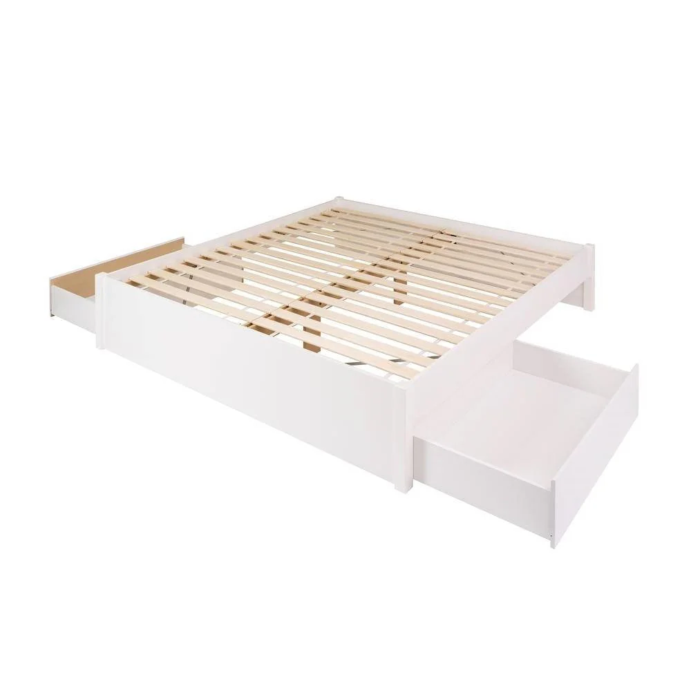 King Size 2 Drawer Storage White Wooden 4 Post Platform Bed  Frame - Image 2