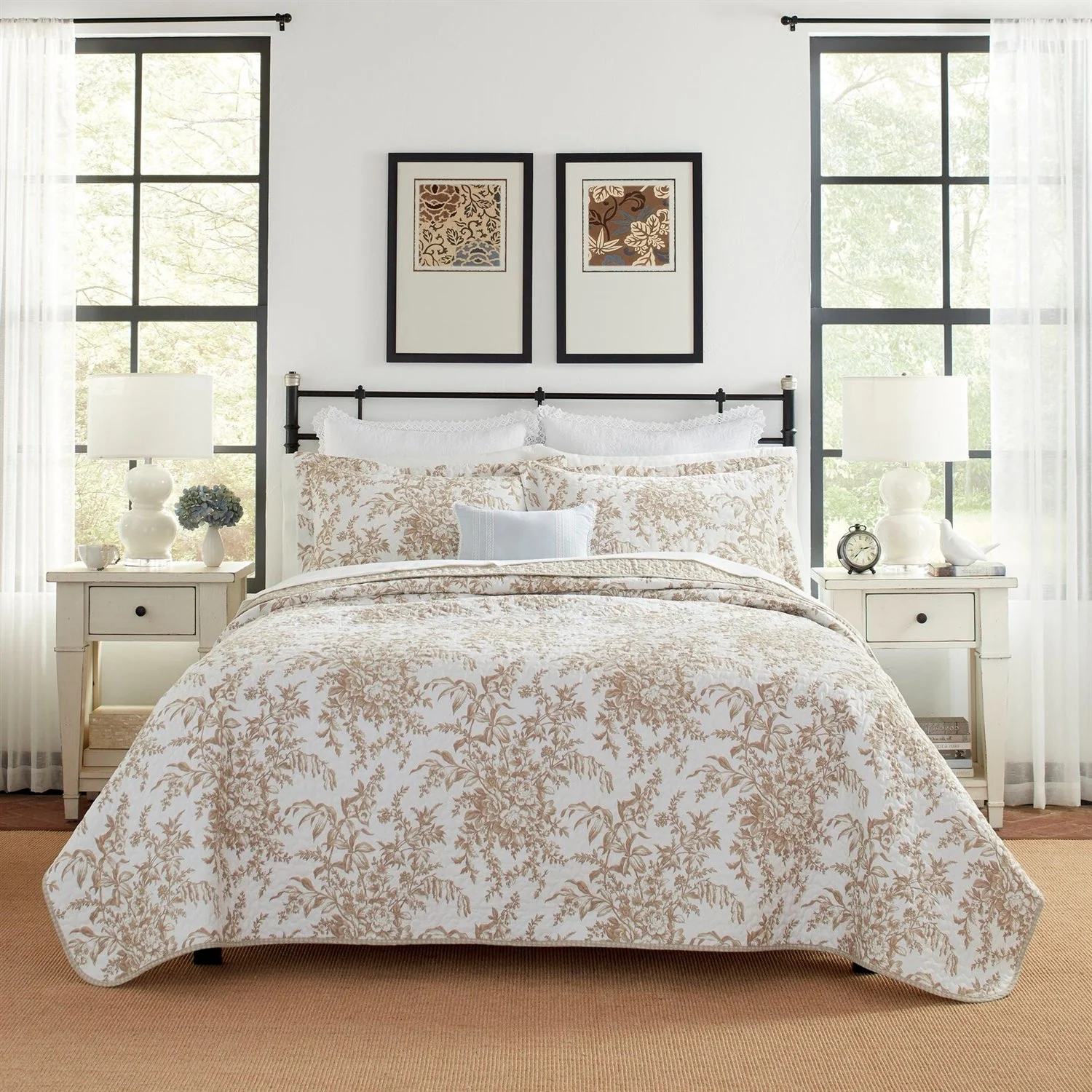King size 3 Piece Bed-in-a-Bag Bohemian Tan Beige Floral Cotton Quilt Set - Image 2