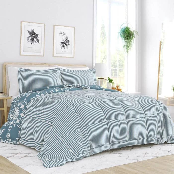 King size 3-Piece Blue and White Reversible Floral Striped Comforter Set - Image 2