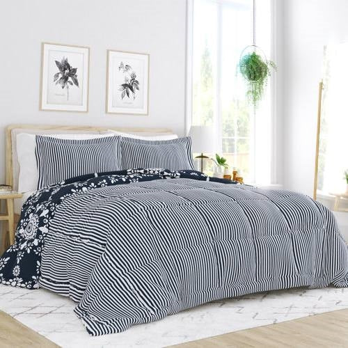 King size 3-Piece Navy Blue White Reversible Floral Striped Comforter Set - Image 2