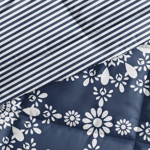King size 3-Piece Navy Blue White Reversible Floral Striped Comforter Set - Image 4