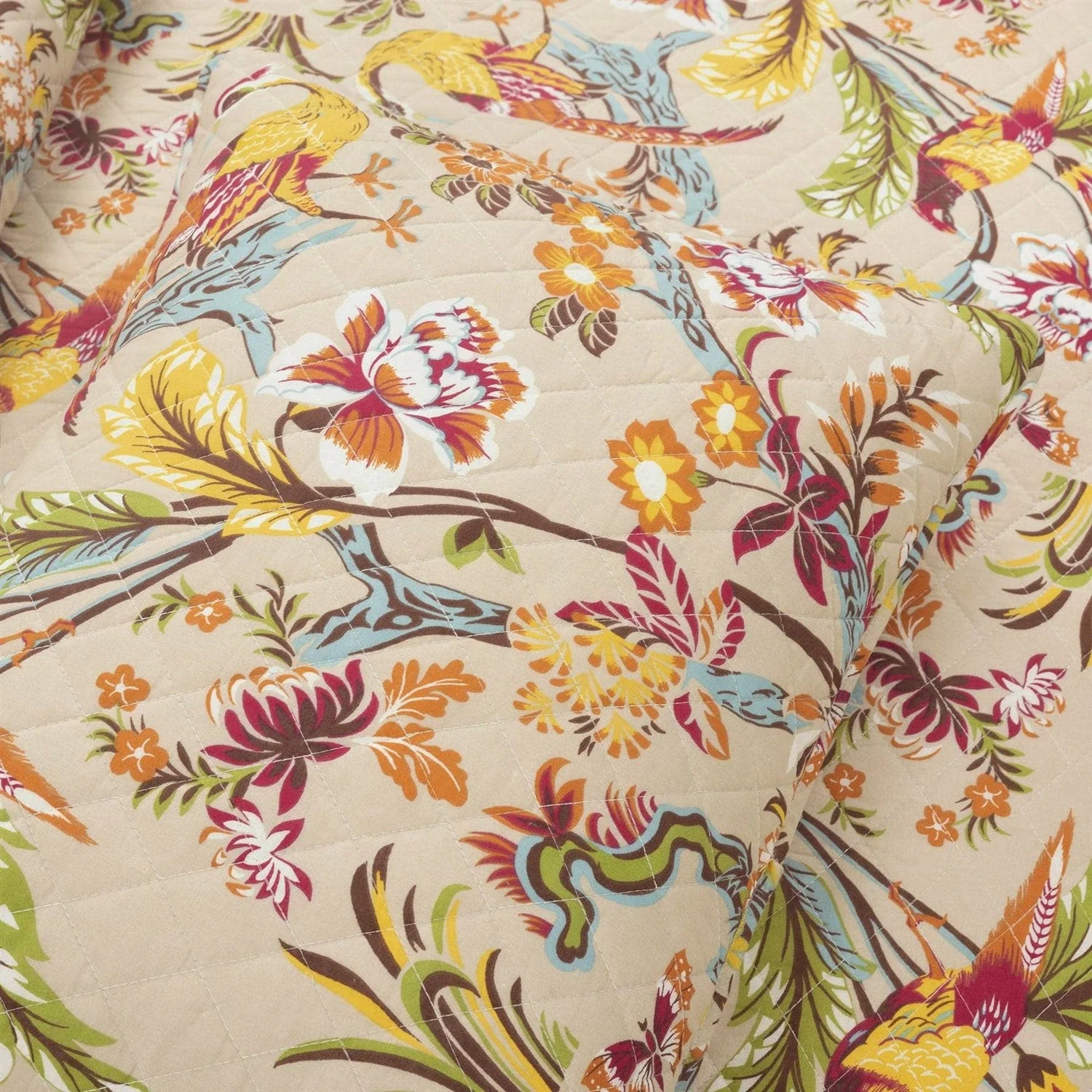 King size 3 Piece Peacock Birds Floral Lightweight Polyester Quilt Set Tan - Image 2