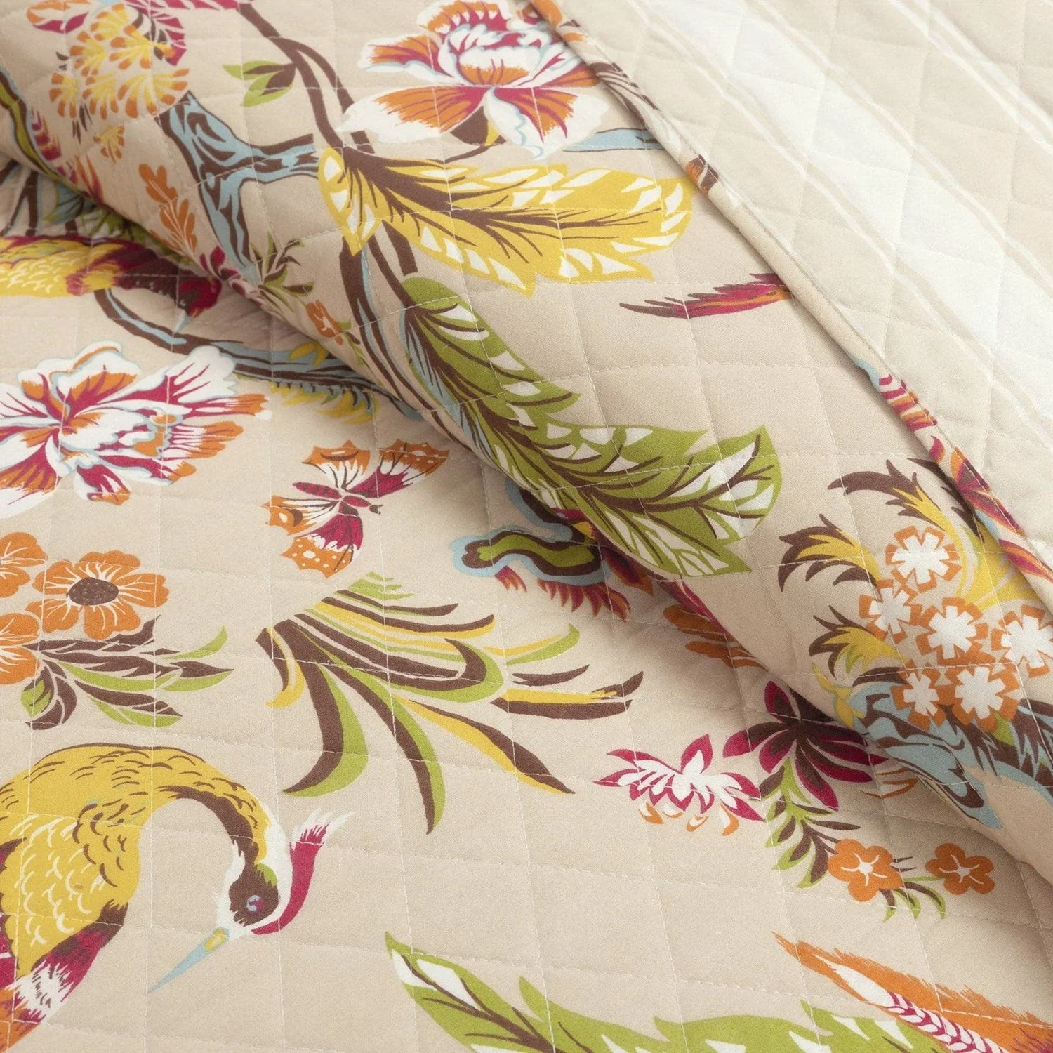 King size 3 Piece Peacock Birds Floral Lightweight Polyester Quilt Set Tan - Image 3