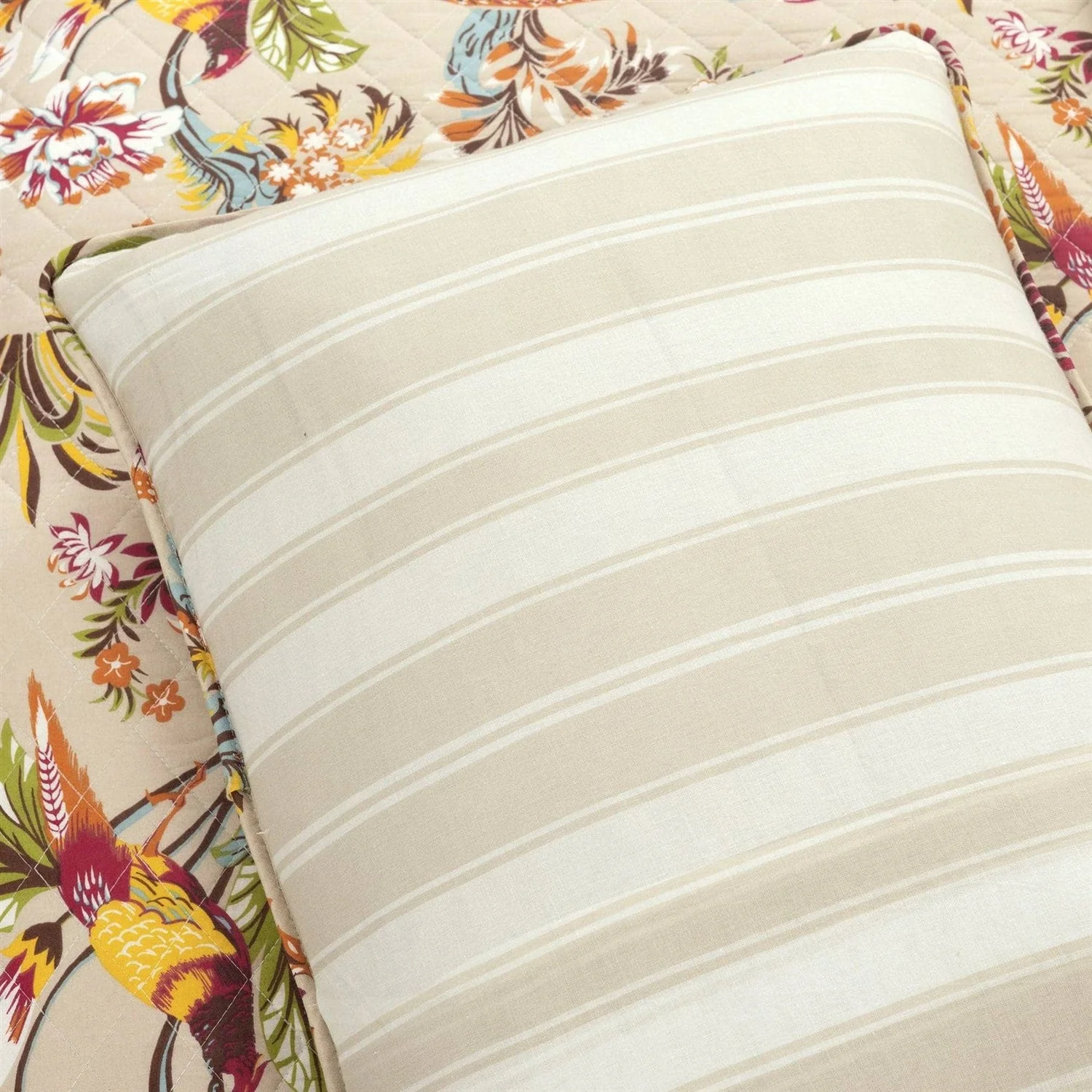 King size 3 Piece Peacock Birds Floral Lightweight Polyester Quilt Set Tan - Image 4