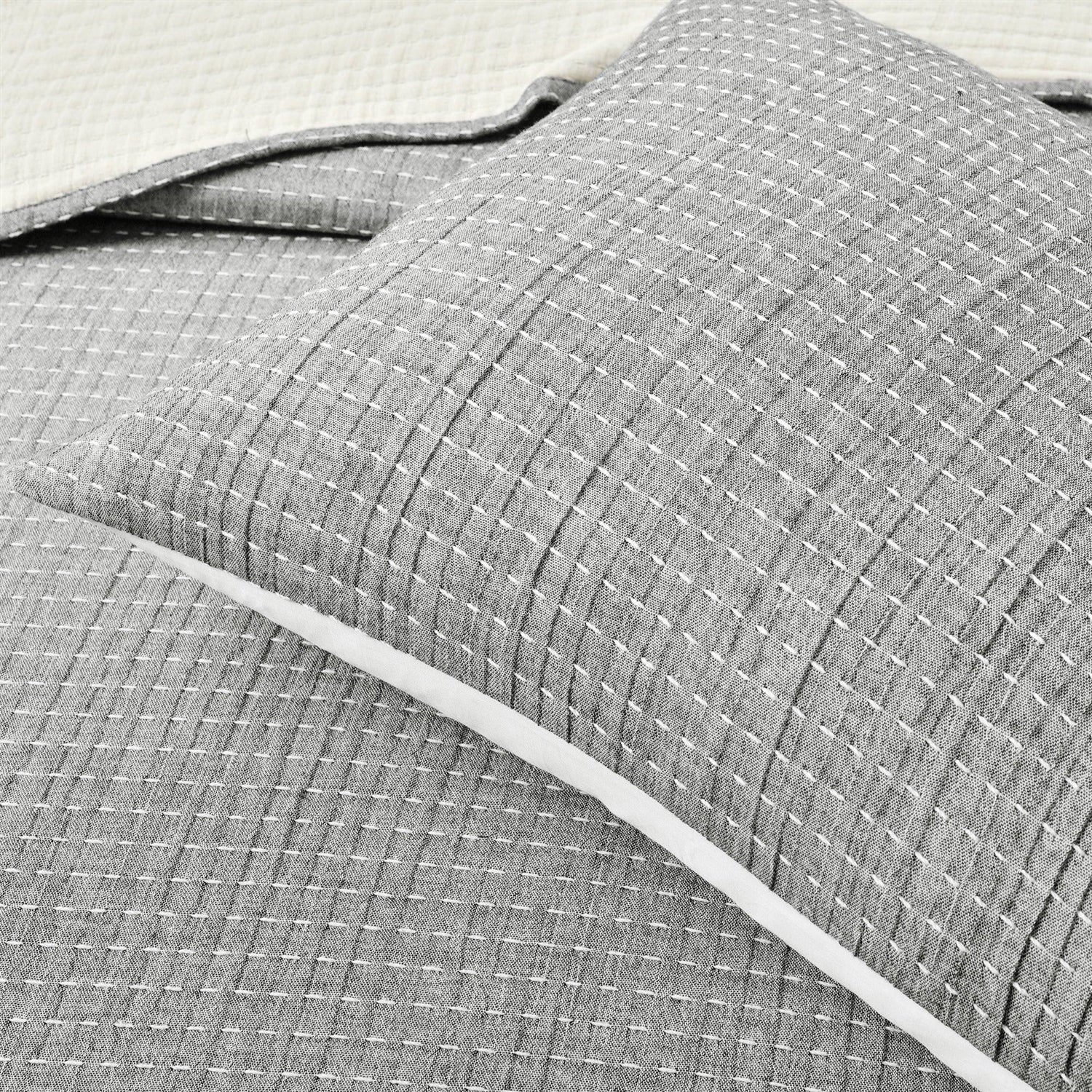 King Size 3-Piece Reversible Cotton Yarn Woven Coverlet Set in Grey Cream - Image 3