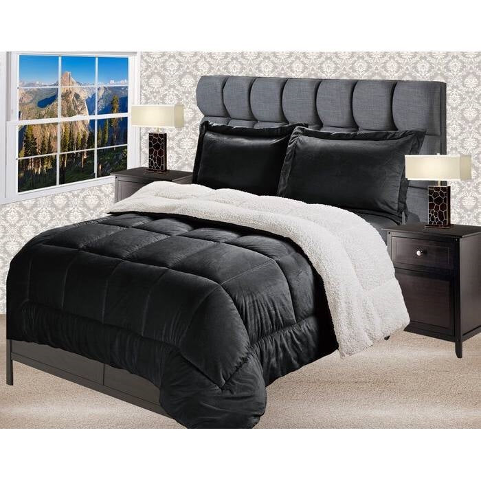 King Size 3 Piece Ultra Soft Sherpa Wrinkle Resistant Comforter Set in Black - Image 3