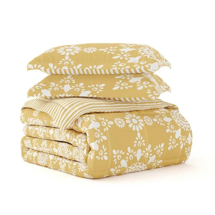 King Size 3 Piece Yellow Reversible Daisy Medallion Stripped Comforter Set - Image 3