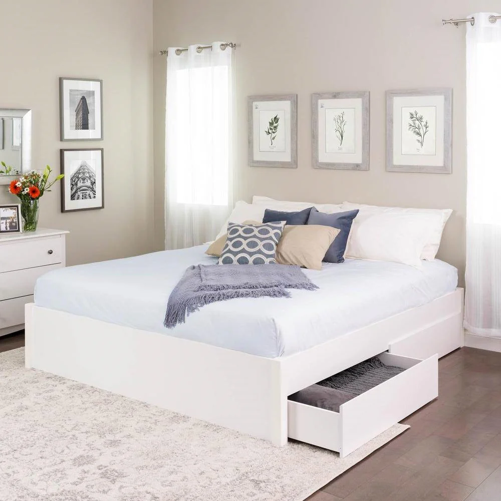 King Size 4 Drawer Storage White Wooden 4 Post Platform Bed  Frame - Image 2