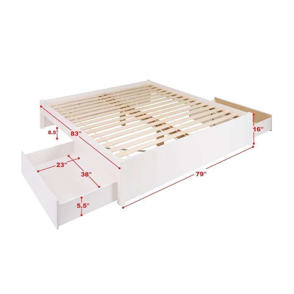 King Size 4 Drawer Storage White Wooden 4 Post Platform Bed  Frame - Image 5