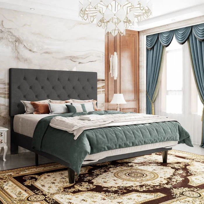 King Size Adjustable Height Grey Linen Tufted Low Profile Platform Bed - Image 2