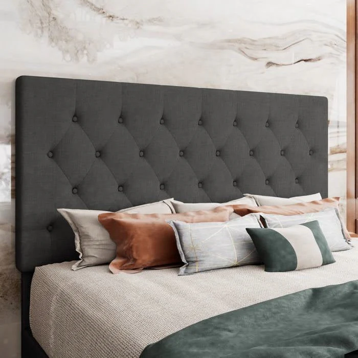 King Size Adjustable Height Grey Linen Tufted Low Profile Platform Bed - Image 3