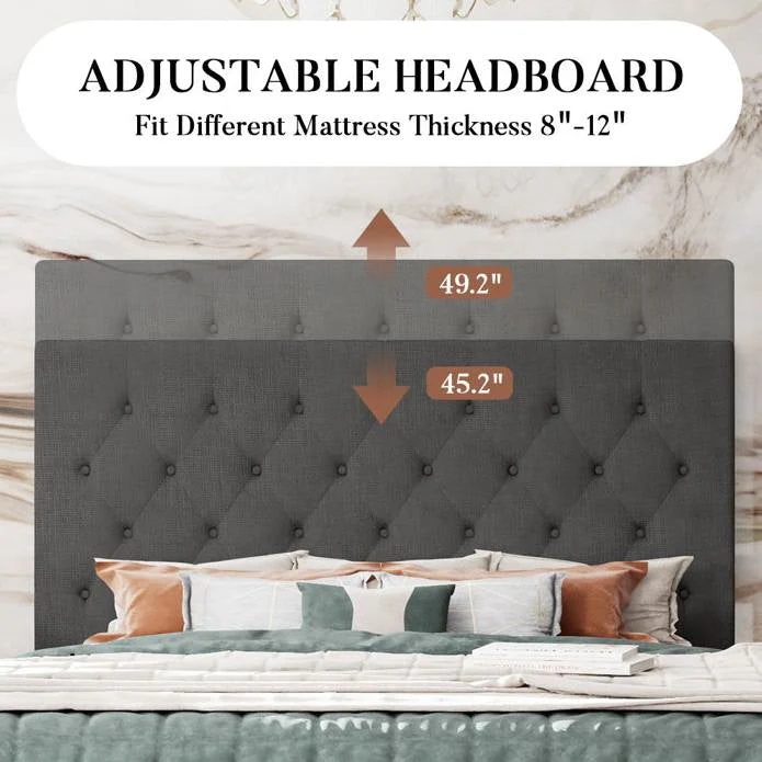 King Size Adjustable Height Grey Linen Tufted Low Profile Platform Bed - Image 4